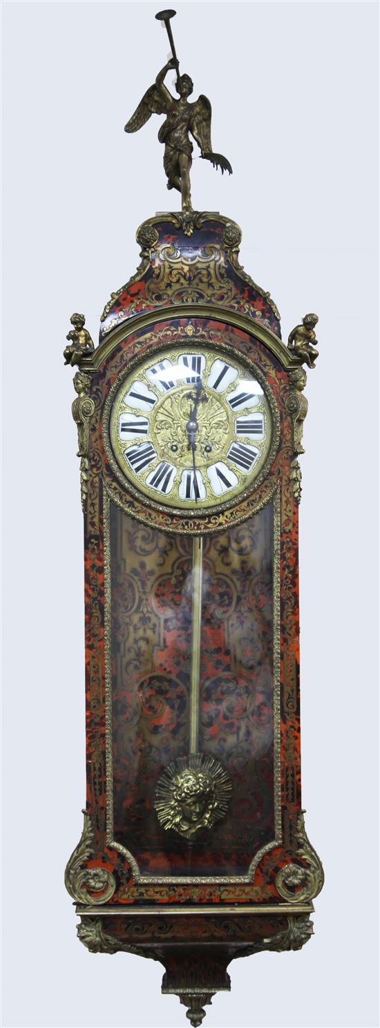 A 19th century French ormolu mounted red boulle wall clock, H.4ft 7in.